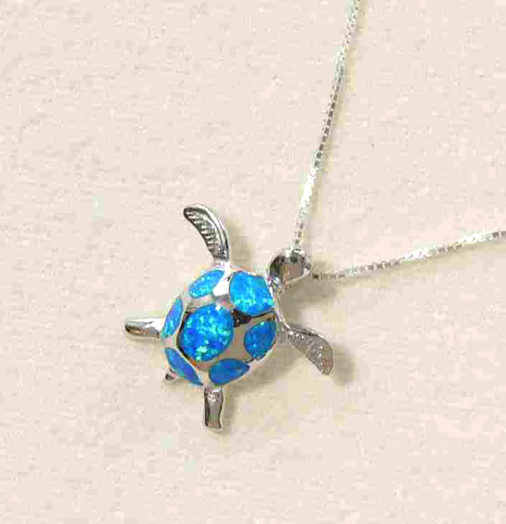 Timeless Sterling Silver Turtle Pendant with Shimmering Blue Opal on Italian Box Chain. 925ijewel.com