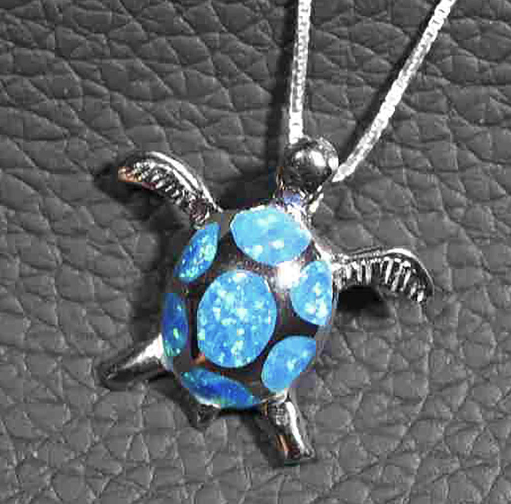 Timeless Sterling Silver Turtle Pendant with Shimmering Blue Opal on Italian Box Chain. 925ijewel.com