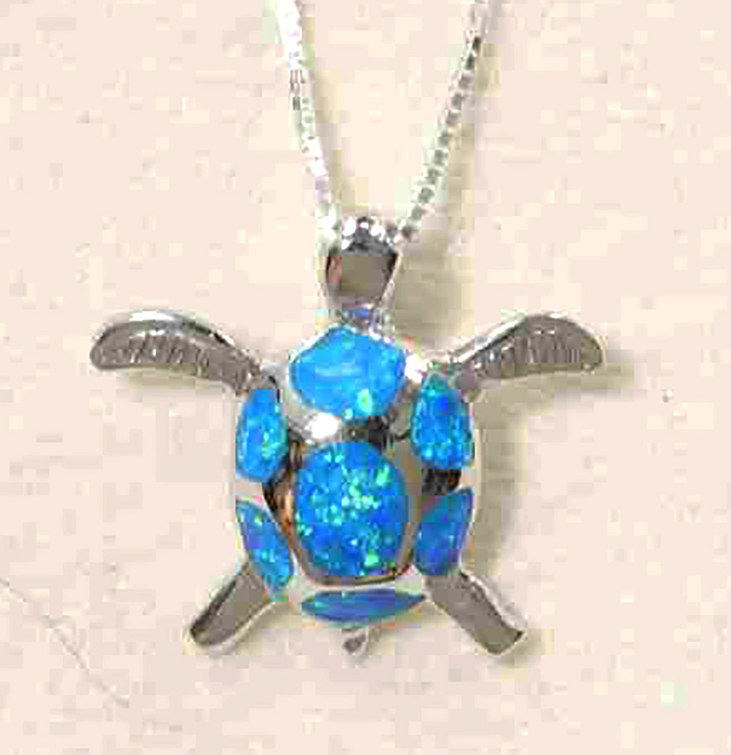 Timeless Sterling Silver Turtle Pendant with Shimmering Blue Opal on Italian Box Chain. 925ijewel.com