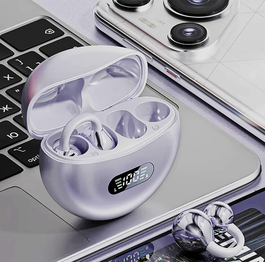 Trendy Bluetooth 5.4 Clip-On Headset with Real-Time Translator-Gray and Off-White. 925ijewel.com