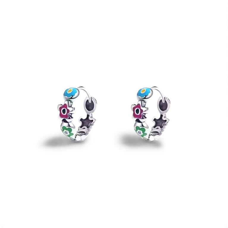 Blooming Elegance – Sterling Silver 17.5mm Floral Hoop Earrings with Colorful Enamel Artwork