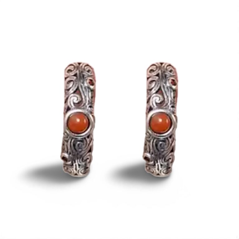 Classy Sterling Silver 15.5mm Hoop Earrings with Intricate Detailing and Bold Red Stone