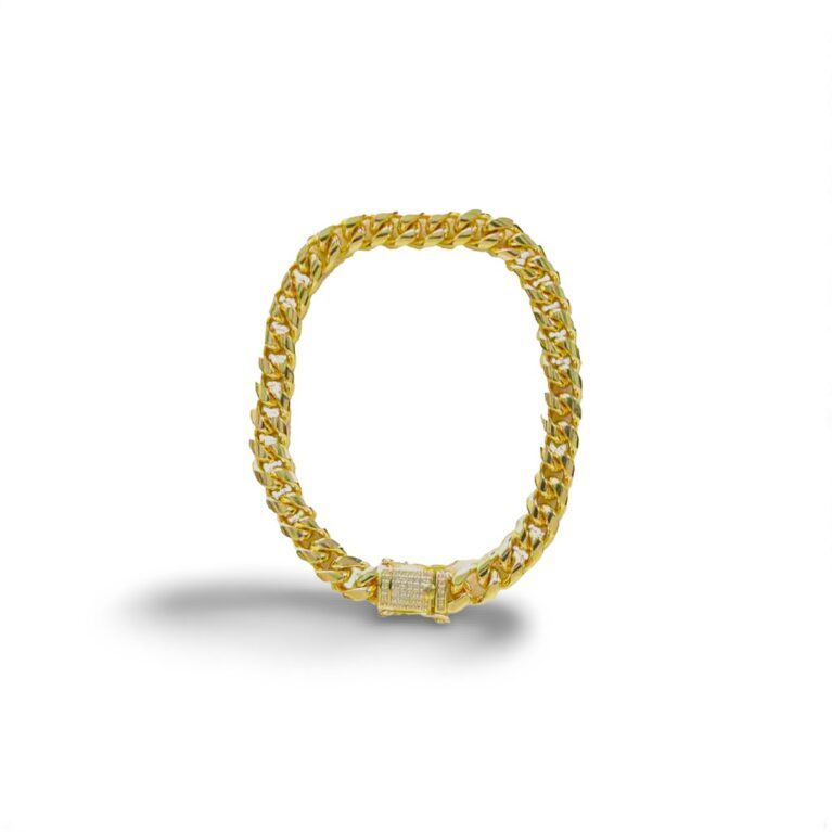 Gold-Plated Stainless Steel 8mm Cuban Link Miami Style Bracelet with CZ Slide Safety Clasp