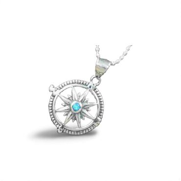 Sterling Silver Compass Pendant with Dazzling Blue Opal on Italian Ball Chain