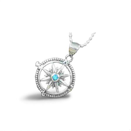 Sterling Silver Compass Pendant with Dazzling Blue Opal on Italian Ball Chain