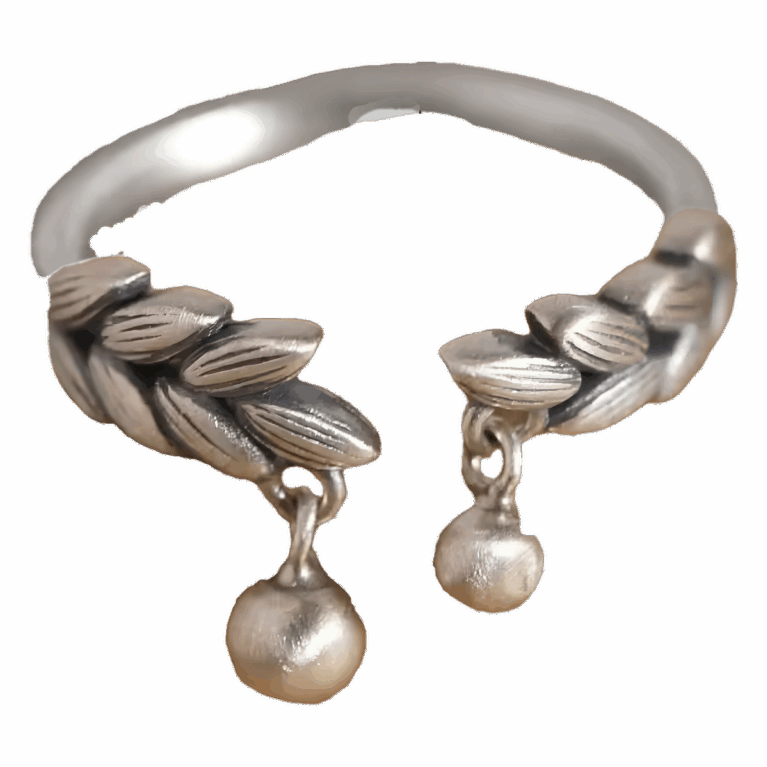 Whispers of Nature – Sterling Silver Leaf and Dangling Bead Charm Adjustable Ring