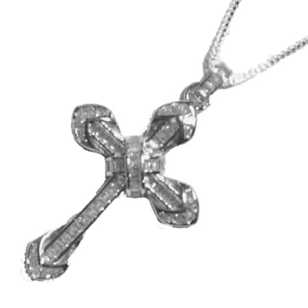 Timeless Sterling Silver Cross Pendant with Round and Baguette CZ- on Box Chain. 925ijewel.com