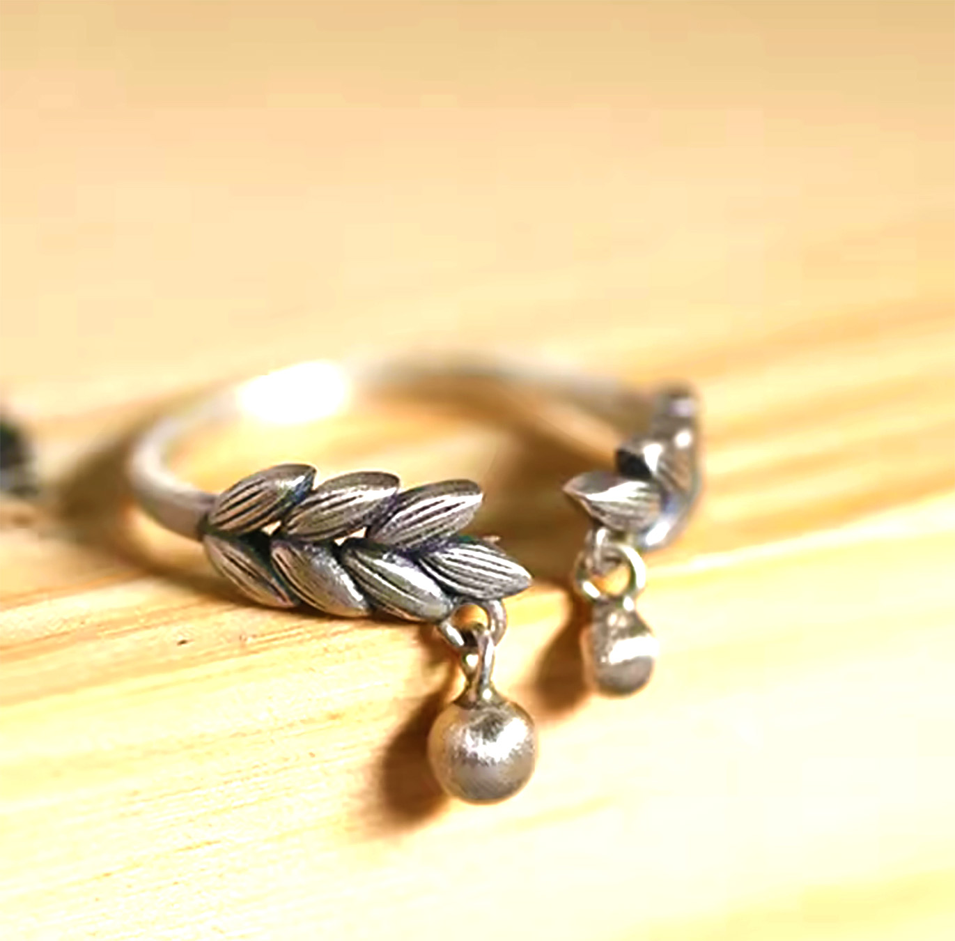 Whispers of Nature – Sterling Silver Leaf and Dangling Bead Charm Adjustable Ring. 925ijewel.com