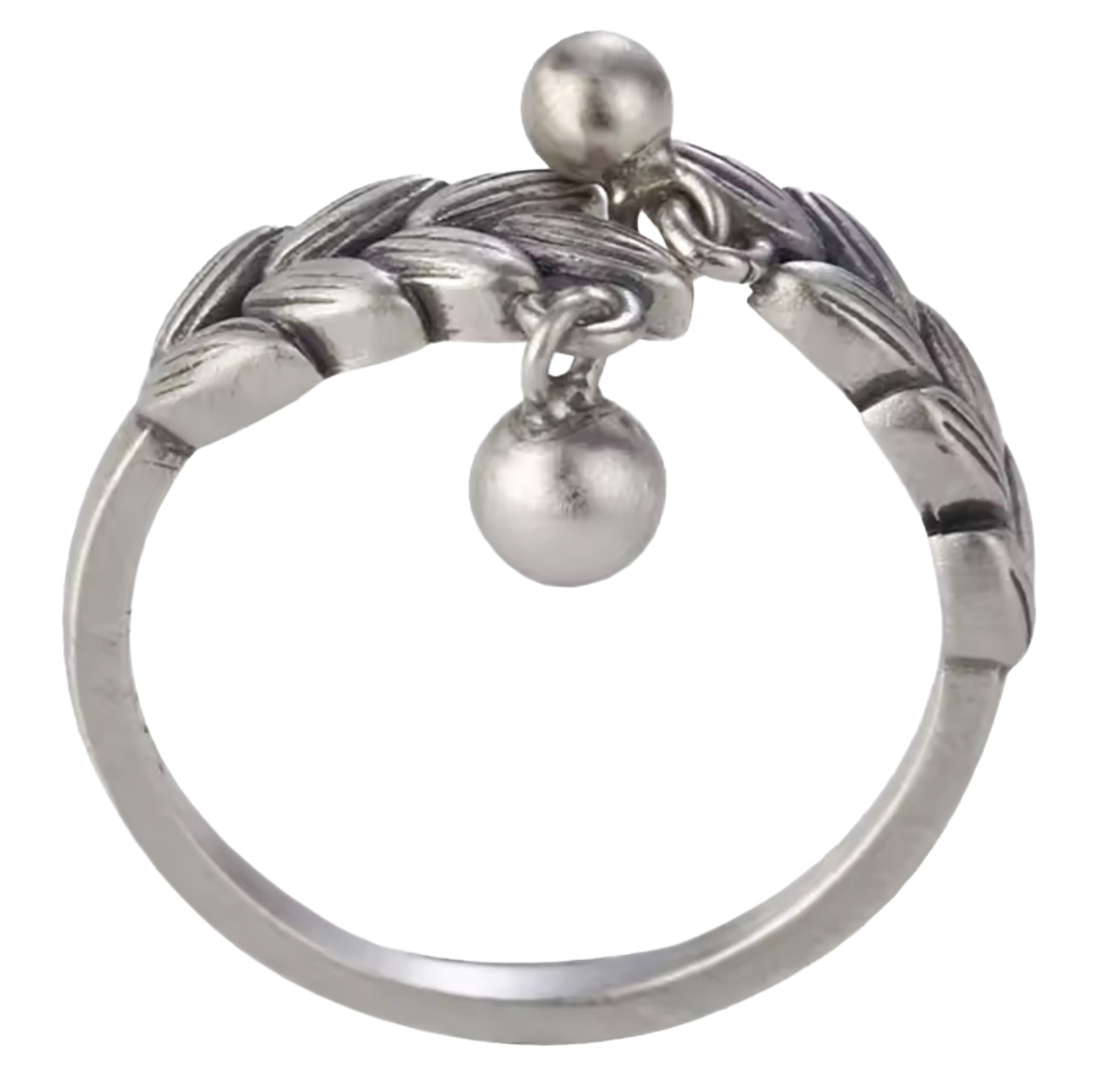 Whispers of Nature – Sterling Silver Leaf and Dangling Bead Charm Adjustable Ring. 925ijewel.com