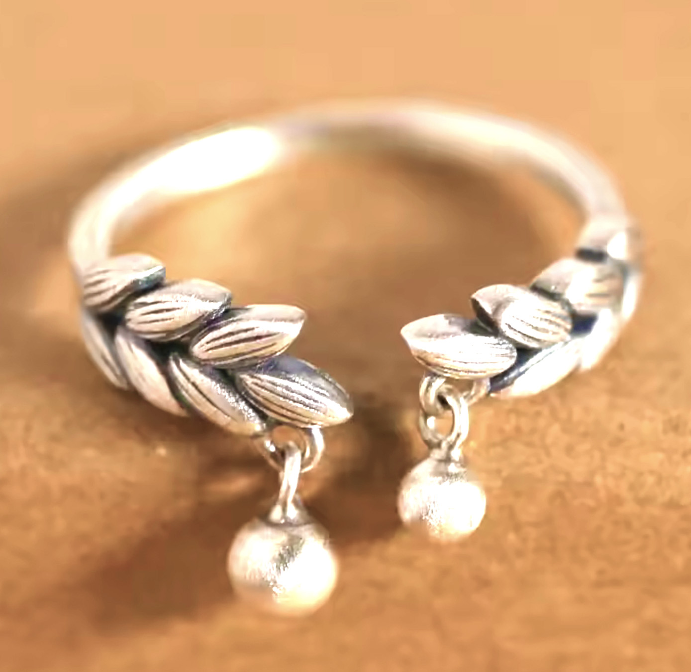 Whispers of Nature – Sterling Silver Leaf and Dangling Bead Charm Adjustable Ring. 925ijewel.com